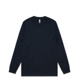 Navy blue long-sleeved crew neck t-shirt with a white tag.