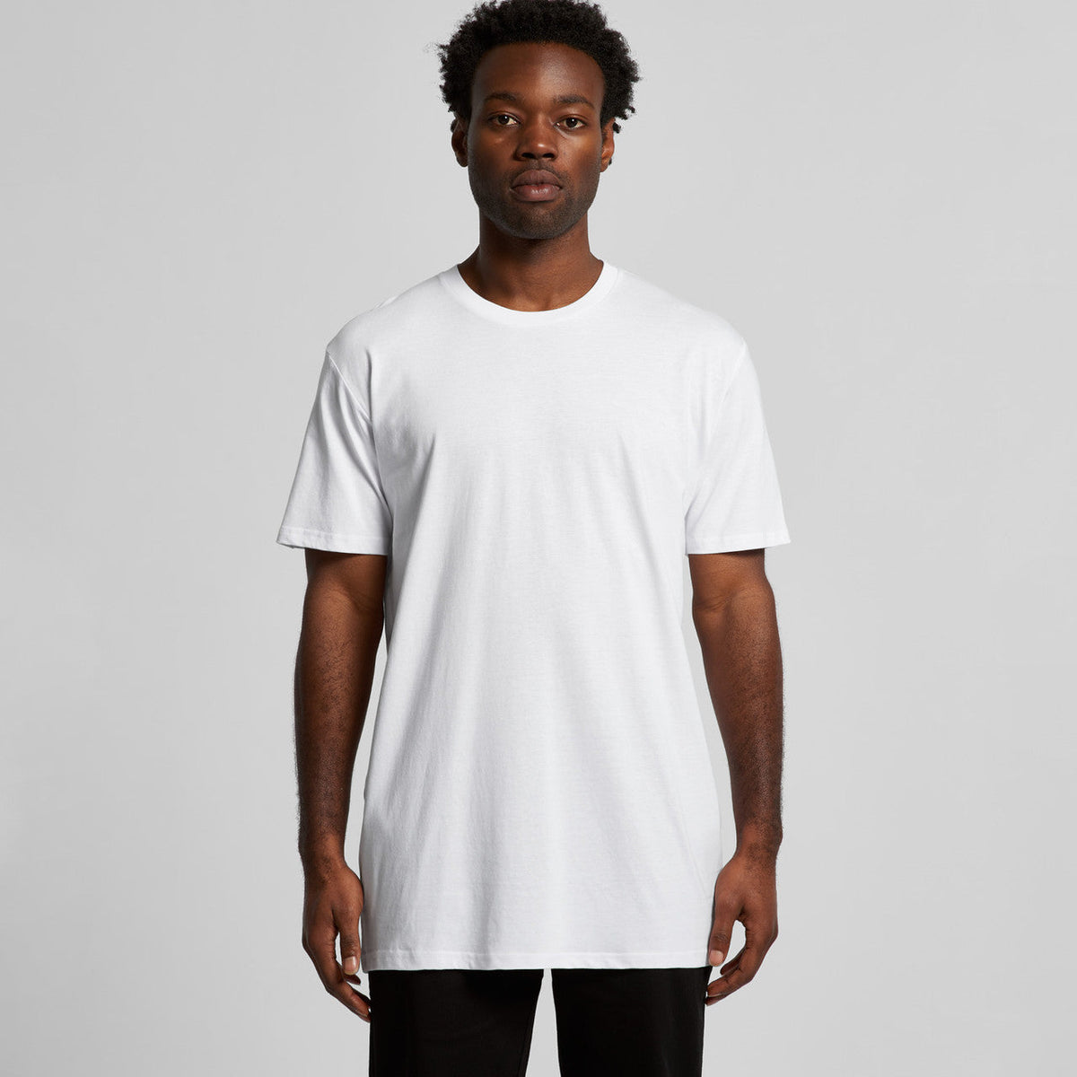 White crew neck t-shirt with short sleeves and a relaxed fit.