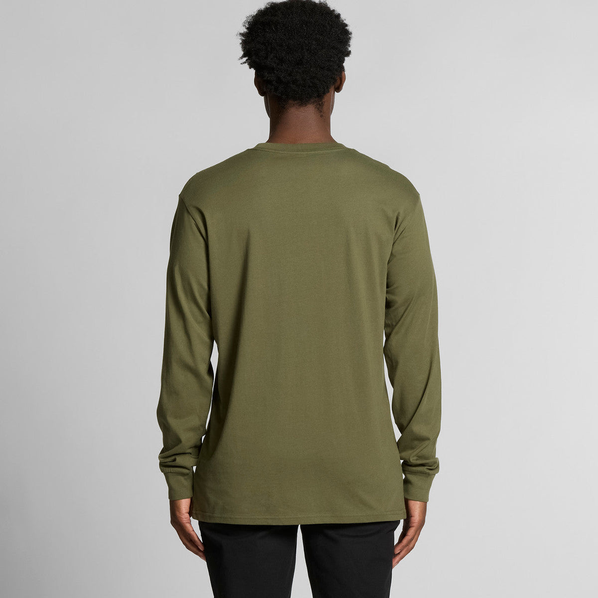 Olive green long-sleeved t-shirt with a pocket on the back.
