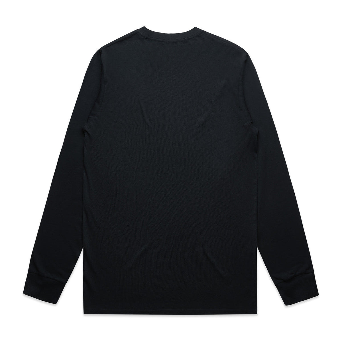 Black long-sleeved crew neck t-shirt with a subtle logo on the back.