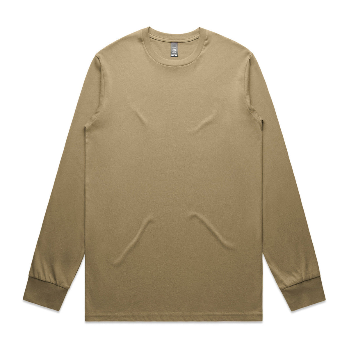 Beige long-sleeved t-shirt with curved cutouts at the bottom hem and ribbed cuffs, likely made of cotton or polyester blend.