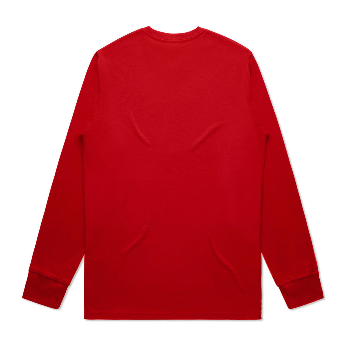 Red long-sleeved t-shirt with a large, heart-shaped pocket on the back.