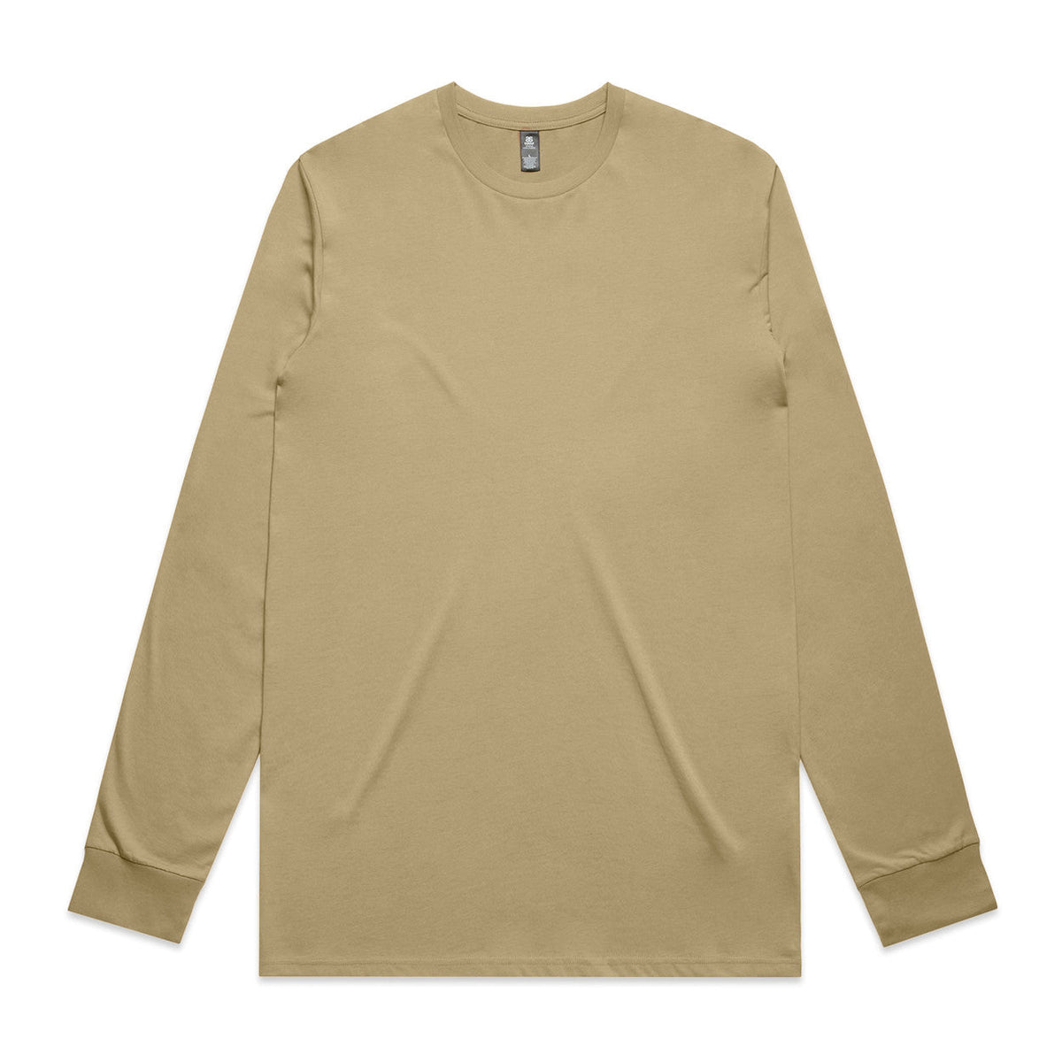 Beige long-sleeved crew neck t-shirt with ribbed cuffs and hem, likely made of cotton or polyester blend.