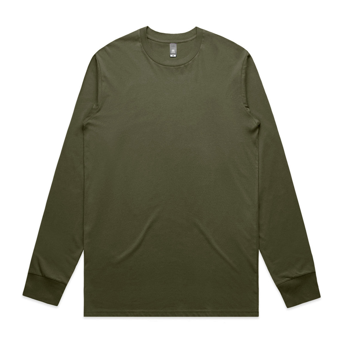 Olive green long-sleeved t-shirt with a crew neck and ribbed cuffs.
