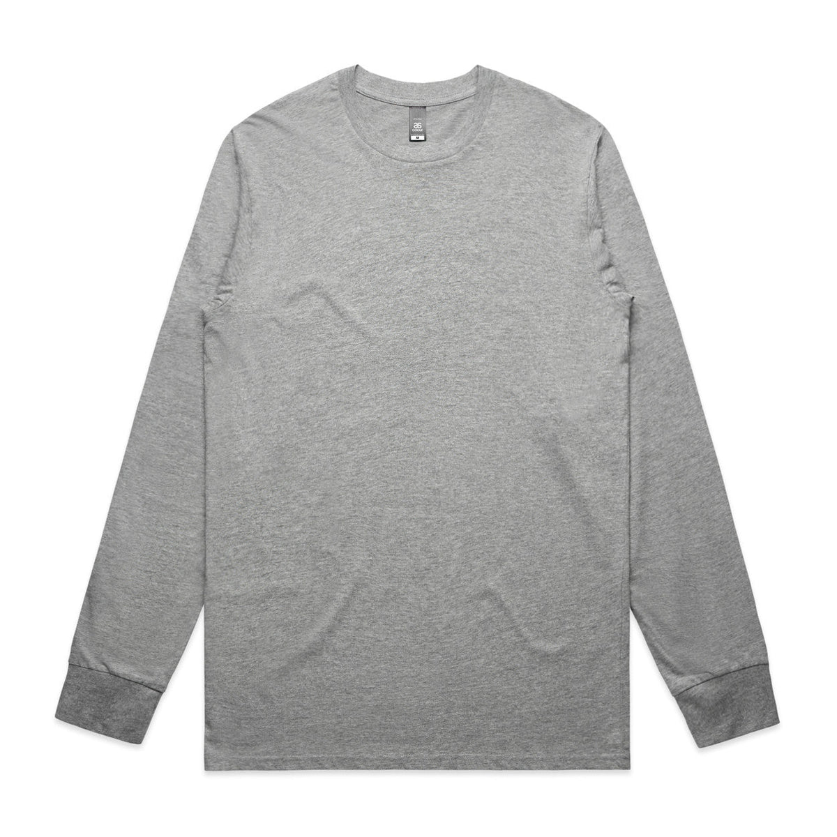 Heather gray long-sleeved t-shirt with crew neck and ribbed cuffs.