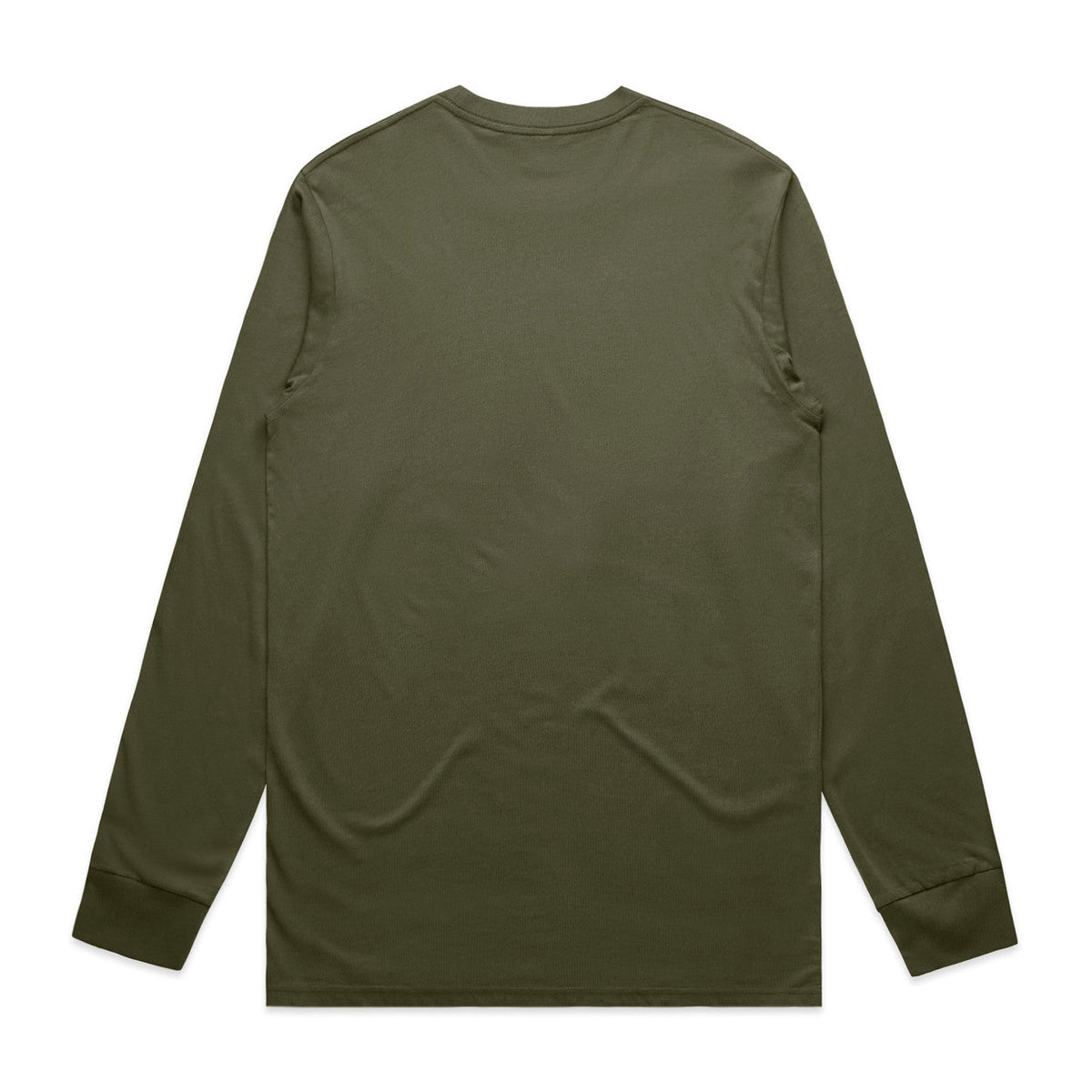 Olive green long-sleeved t-shirt with a pocket design on the back.