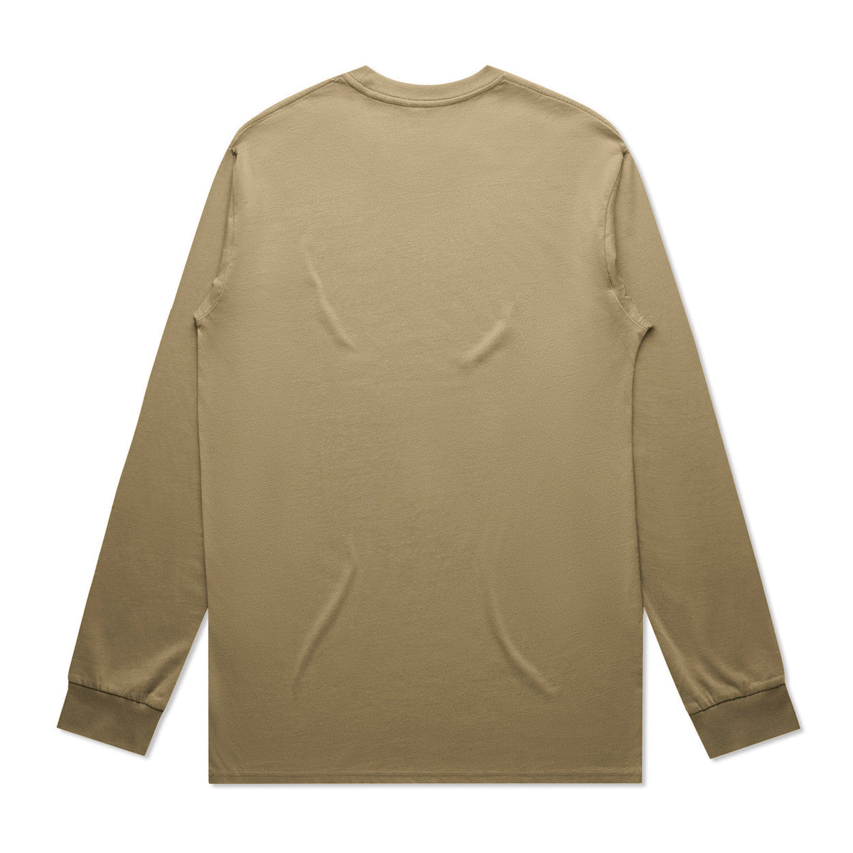 Beige long-sleeved t-shirt with ribbed cuffs and hem, likely made of cotton or polyester blend.