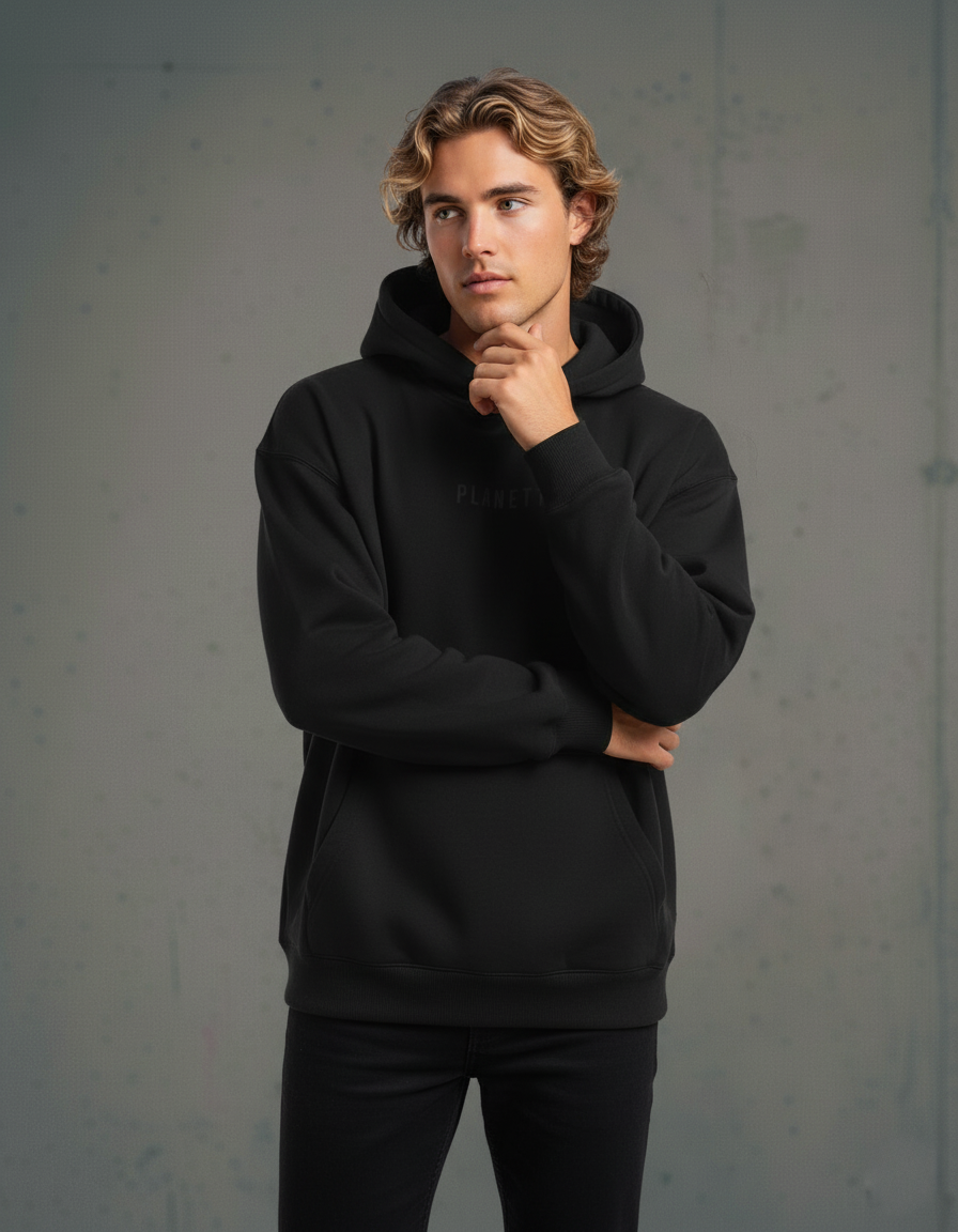 A black hooded sweatshirt with long sleeves and a front pouch pocket.