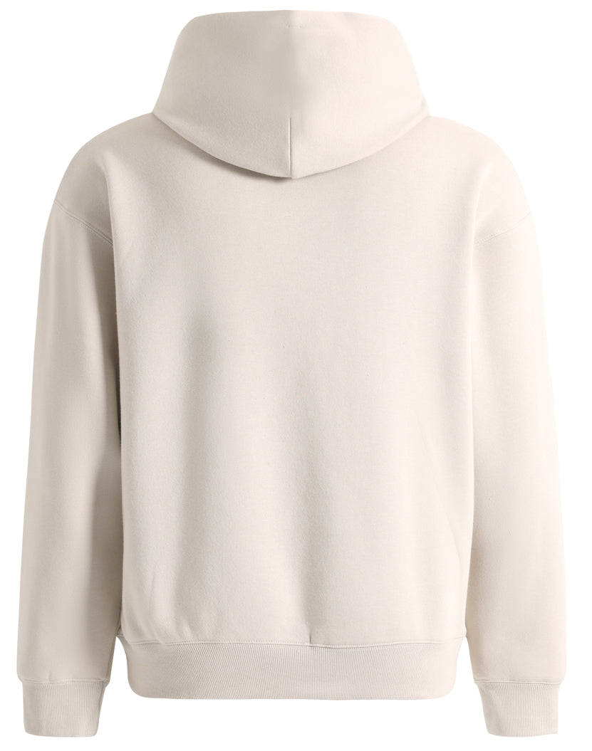Beige hooded sweatshirt.