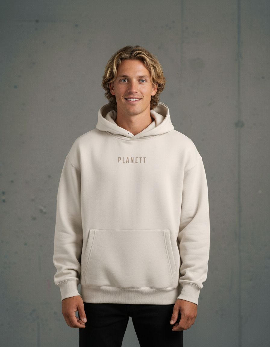 Men’s beige hooded sweatshirt with a front pouch pocket.