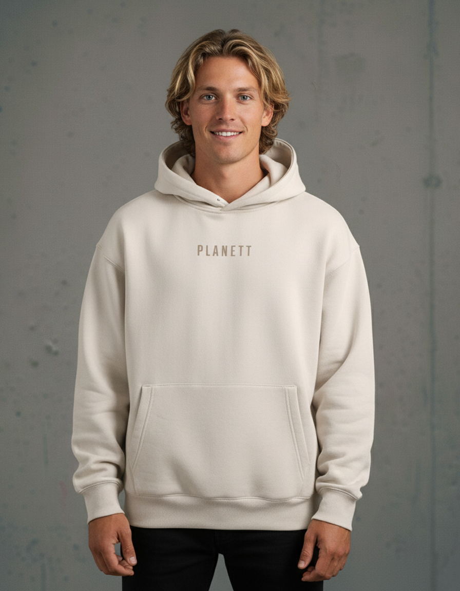 Men’s light beige oversized hoodie with a front kangaroo pocket.