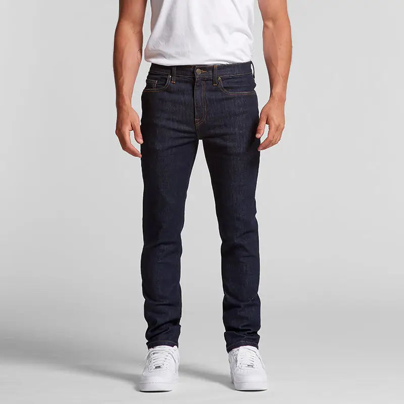 Dark wash denim jeans.