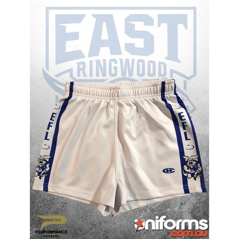 White athletic shorts with blue stripes.