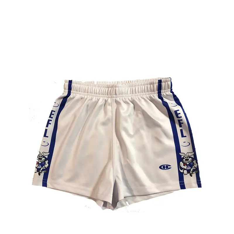 White athletic shorts with blue stripes.