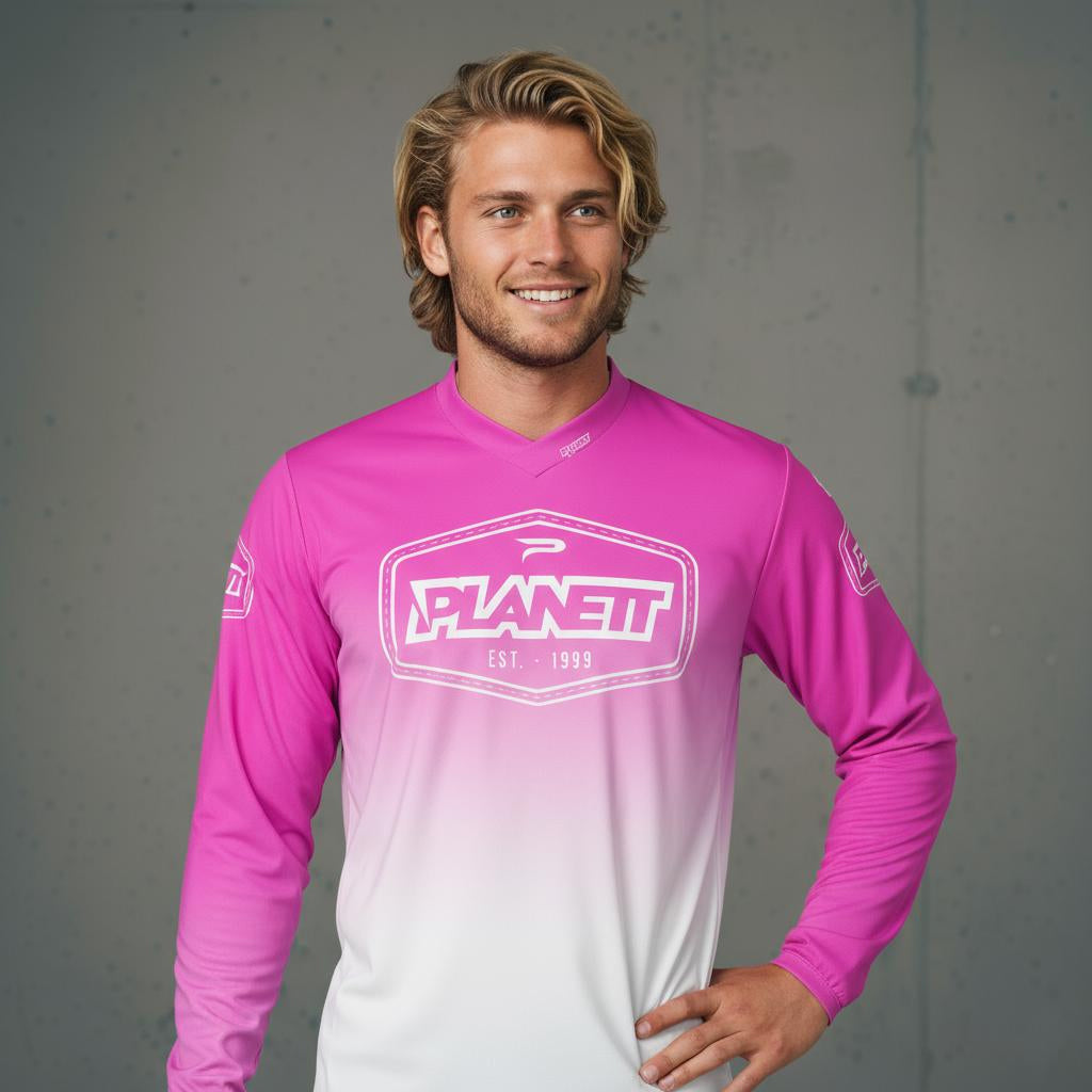 Men’s pink and white ombre long-sleeved athletic shirt.