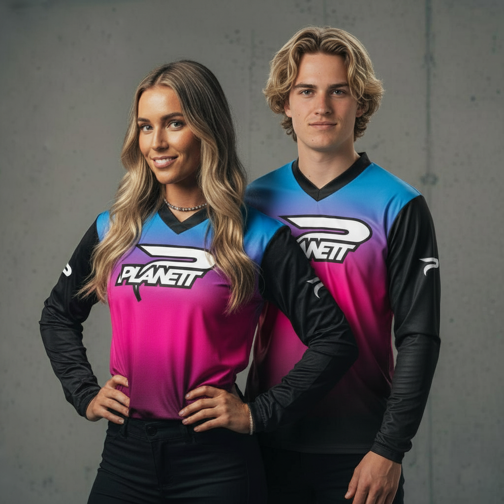 Two young adults wearing matching long-sleeved athletic jerseys with a blue-to-pink gradient.