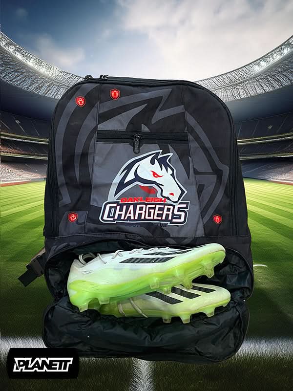 Black athletic backpack with a horse logo and a compartment for cleats.