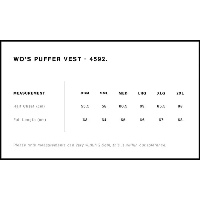 Women’s puffer vest size chart.