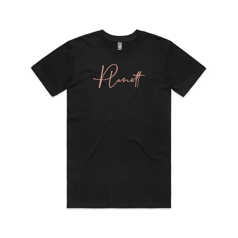 Black t-shirt with pink script.