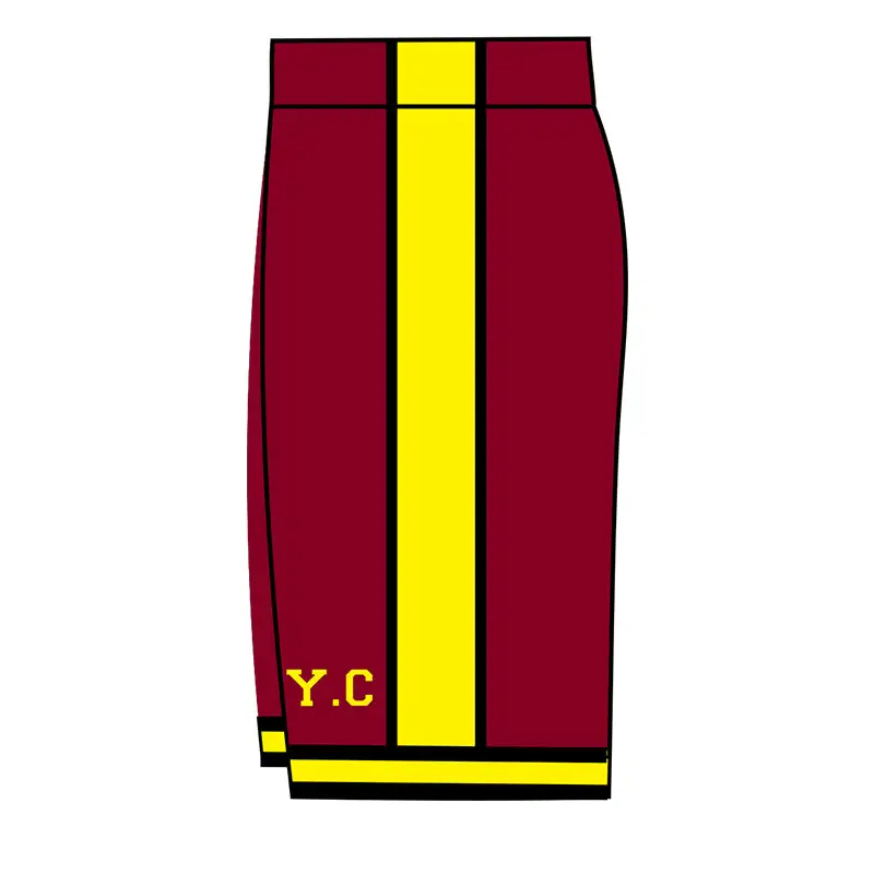 Maroon shorts with yellow stripe.