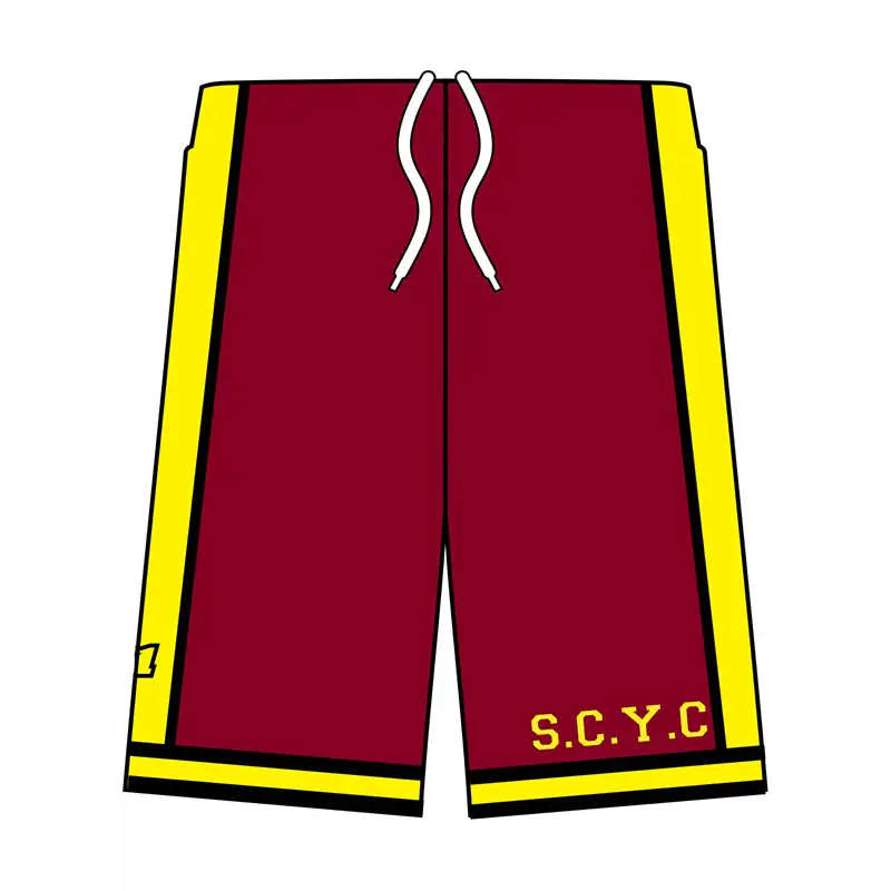 Maroon and yellow athletic shorts.