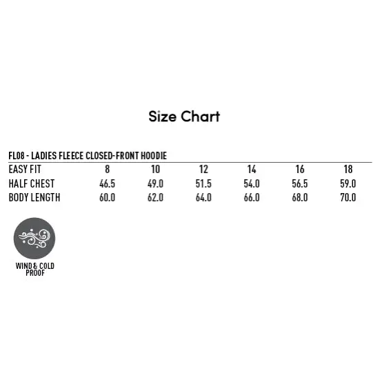 Ladies fleece hoodie size chart.