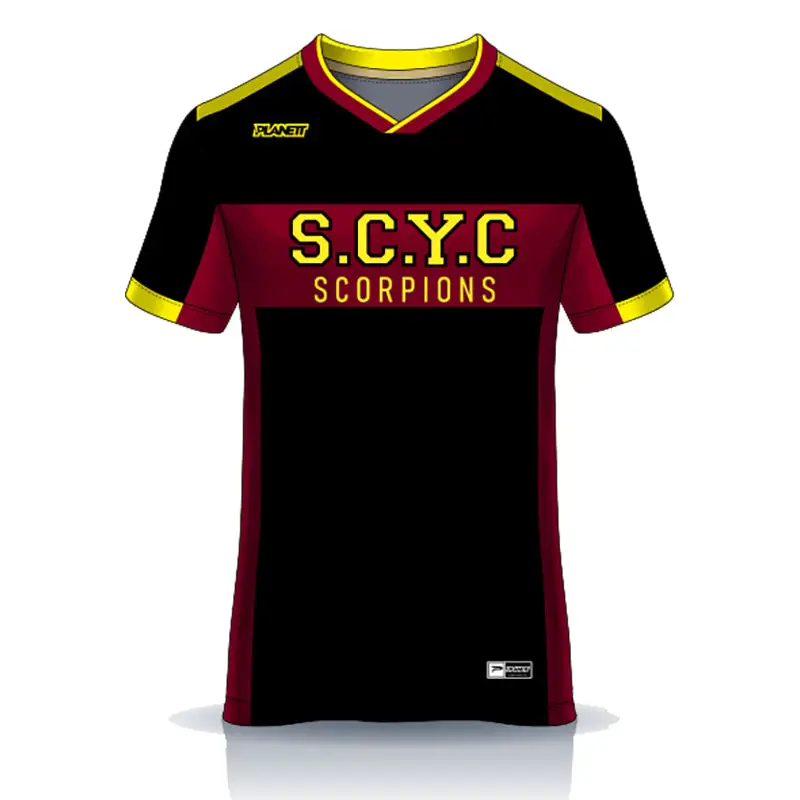 Black and maroon soccer jersey.