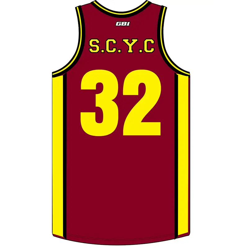 Maroon and yellow basketball jersey.