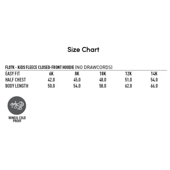 Kids fleece hoodie size chart.