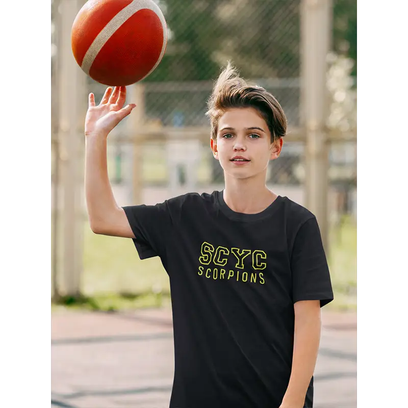 Black t-shirt with yellow lettering.