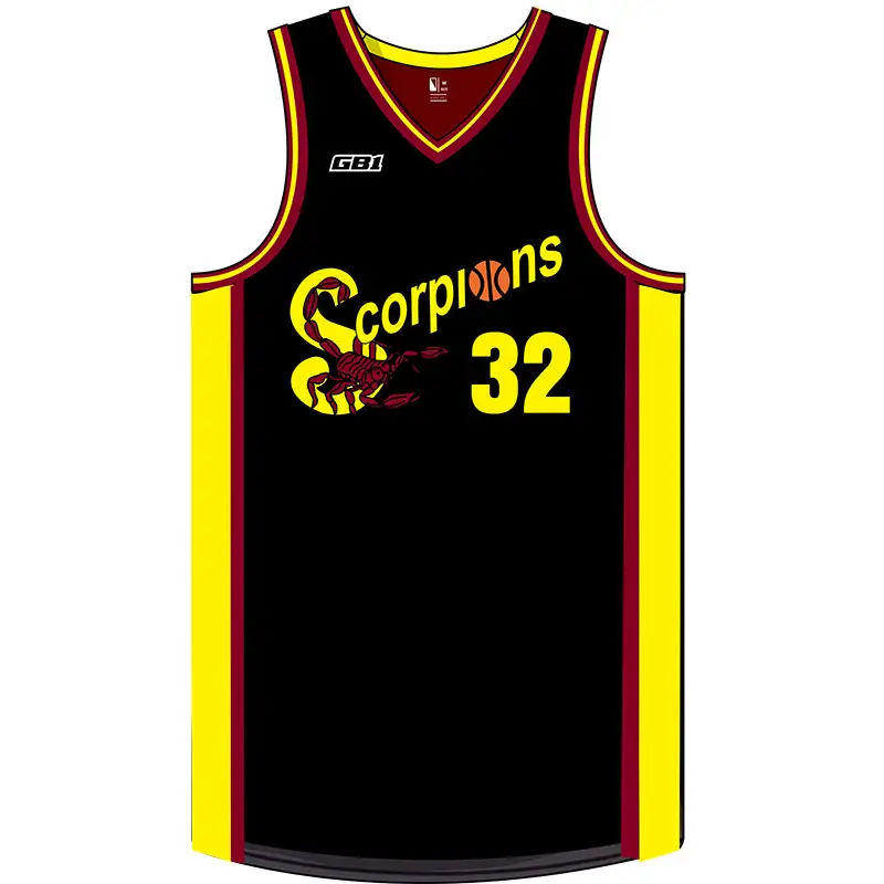 Black basketball jersey with yellow and maroon trim.