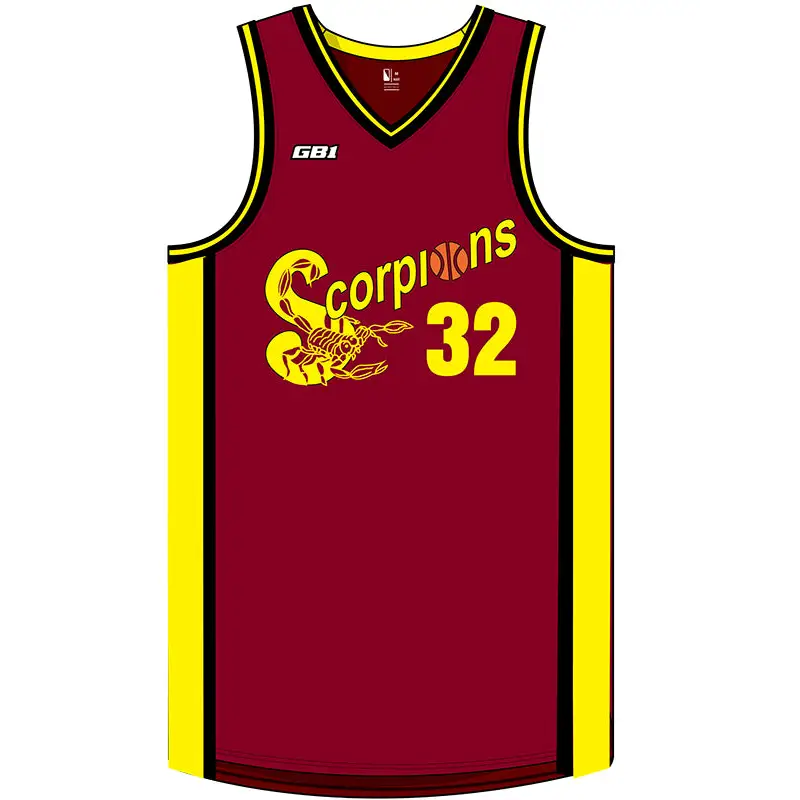 Maroon and yellow basketball jersey.