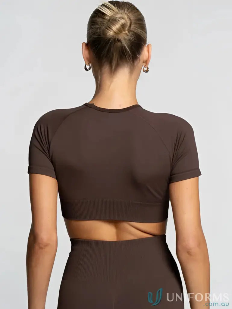 Brown crop top with short sleeves and round neckline.