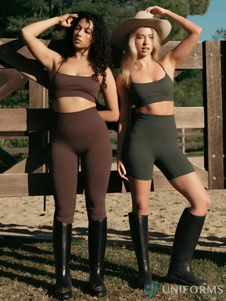 Brown leggings with black crop top and boots, casual wear set.