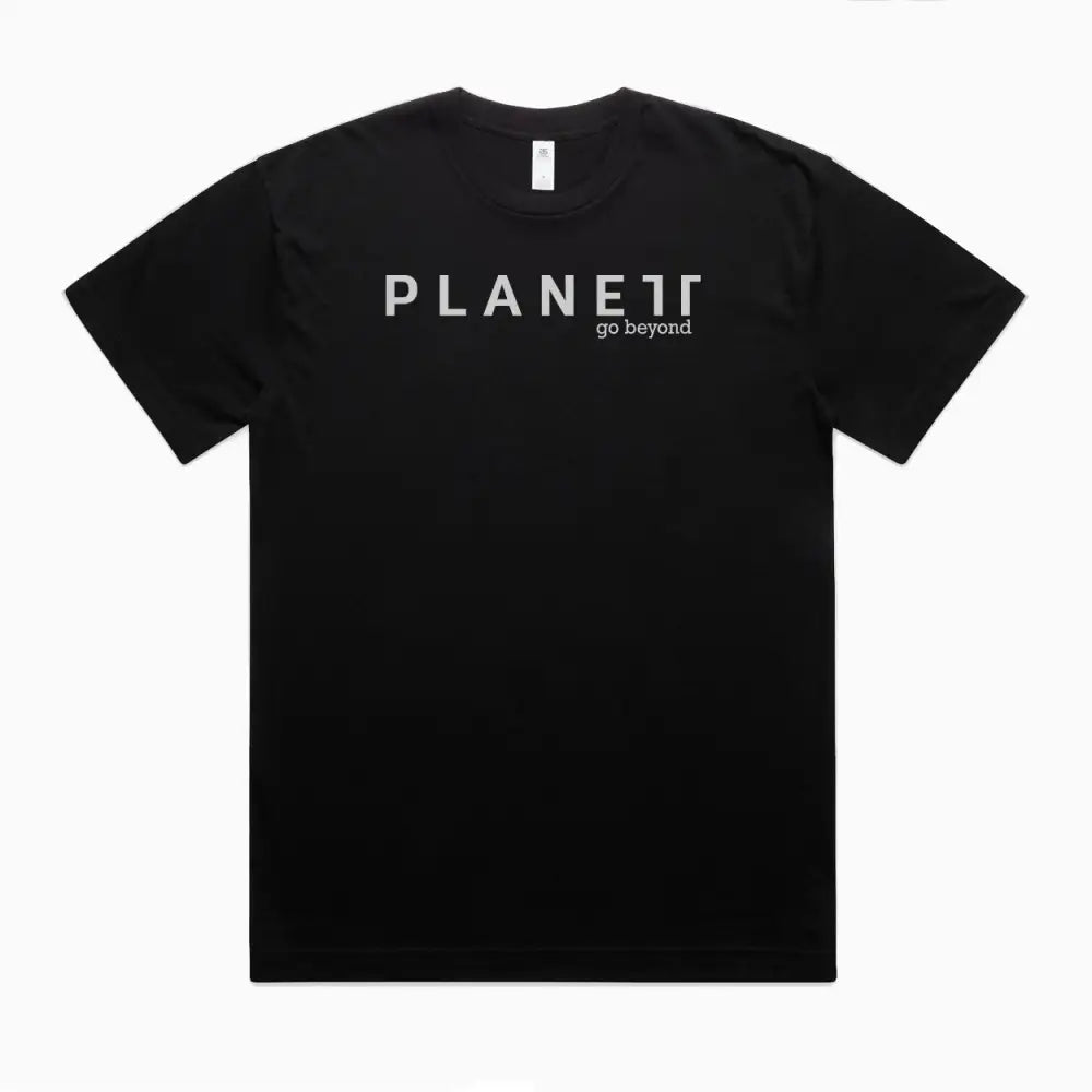 Black t-shirt with white text.