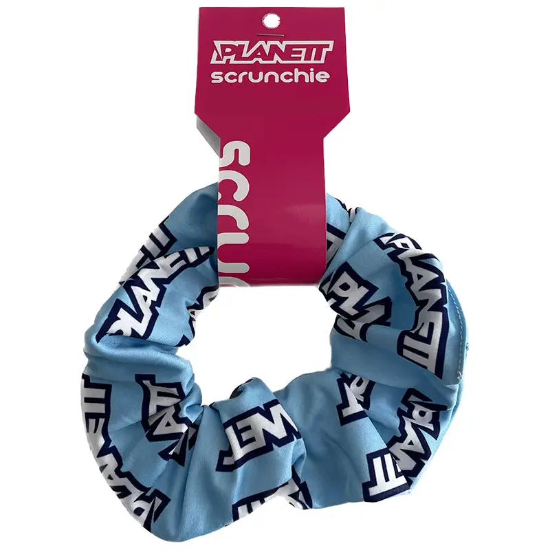 Light blue scrunchie with logo.