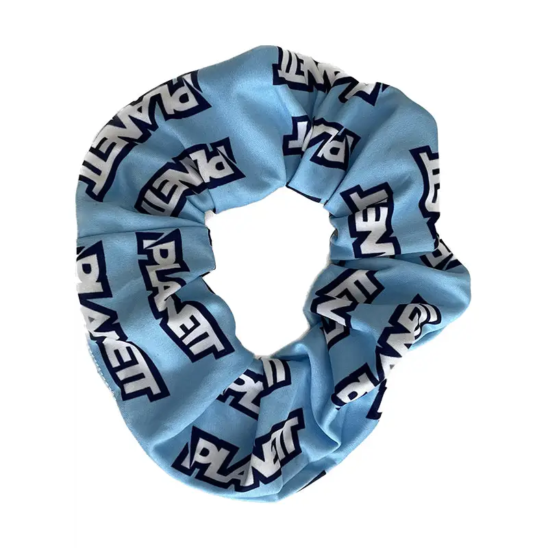 Light blue scrunchie with βPlanetβ text.