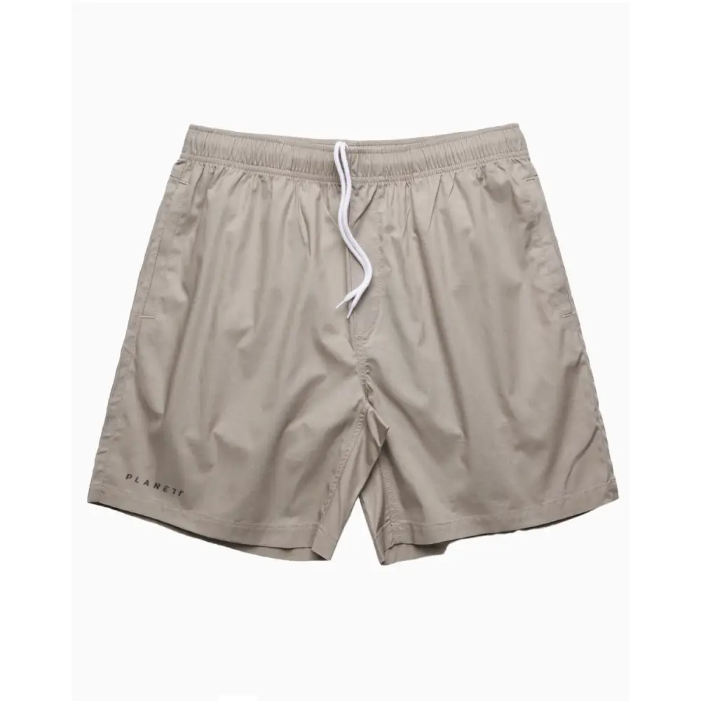 Beige drawstring swim trunks.