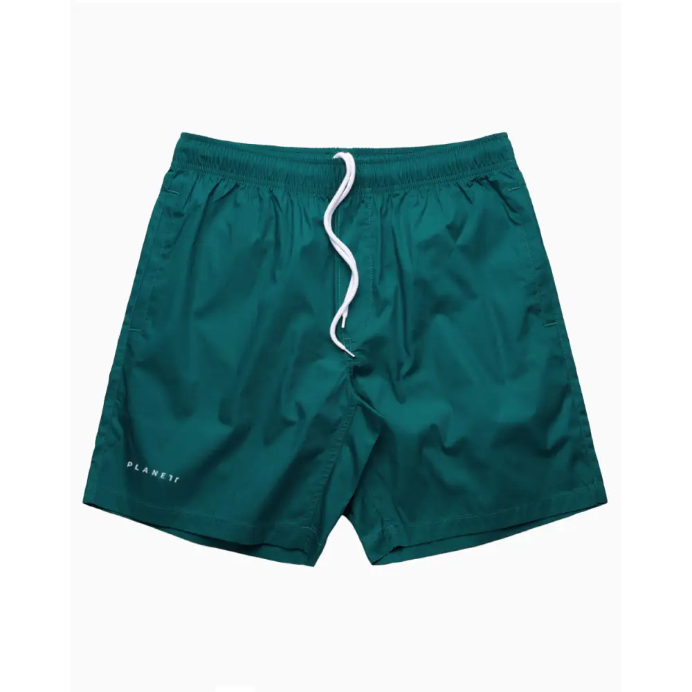 Green swim trunks with white drawstring.