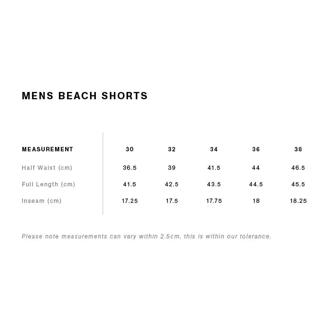 Men’s beach shorts size chart.