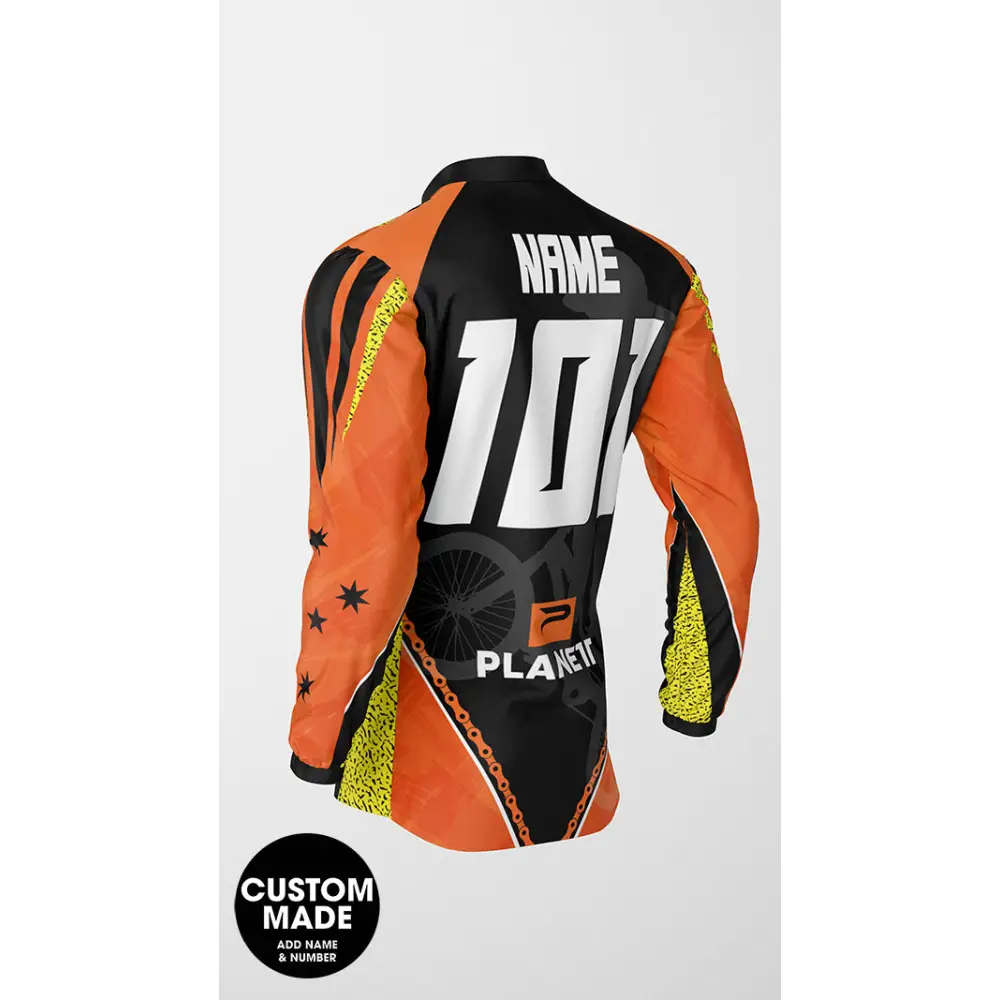 Orange and black cycling jersey.