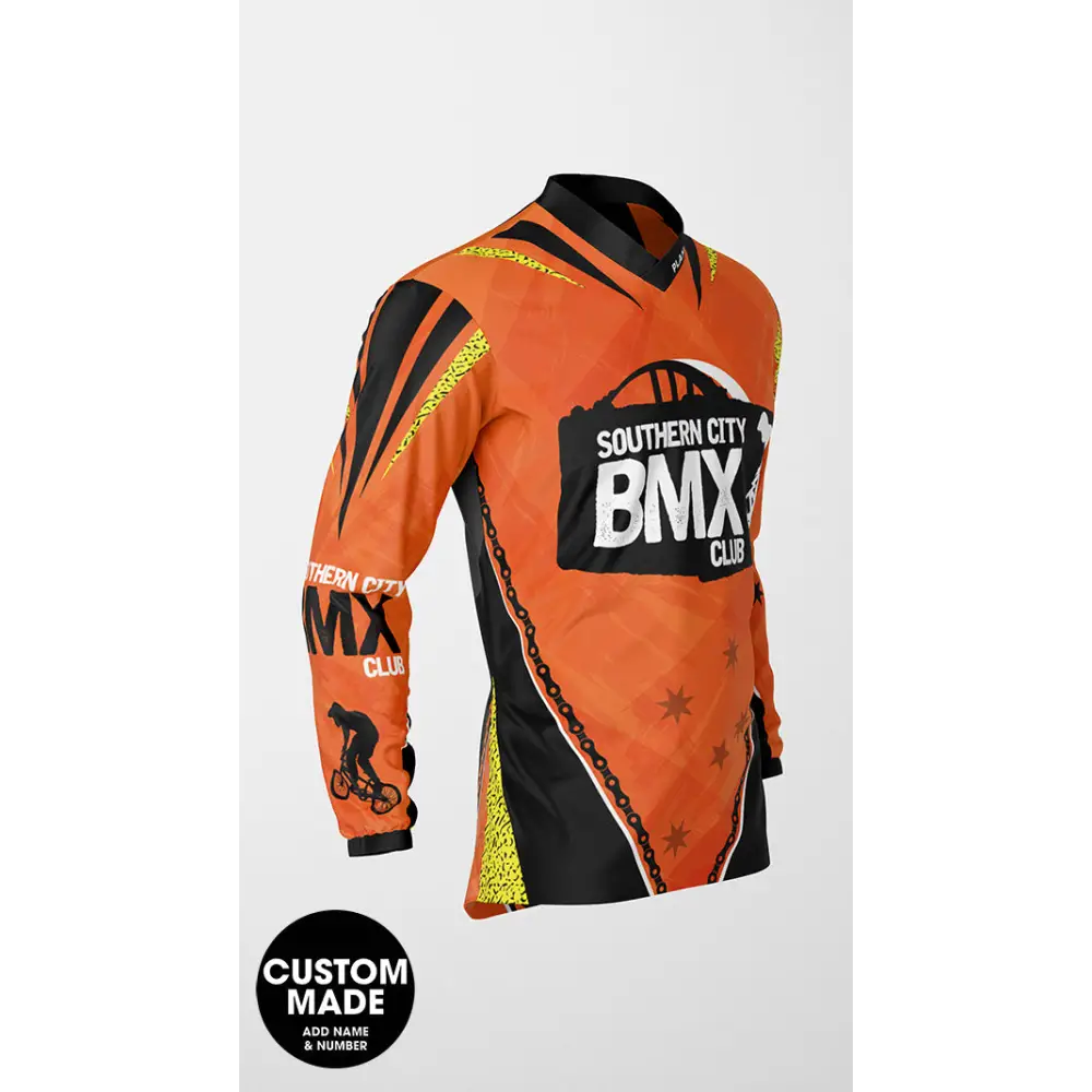 Orange and black BMX jersey.