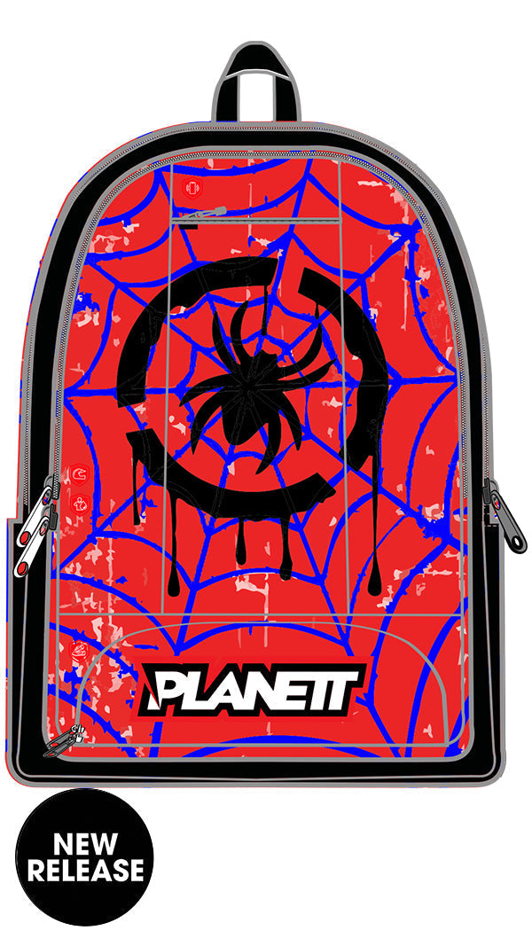 Red and blue spider-man themed backpack with black spider emblem, distressed design, and ’planett’ branding.
