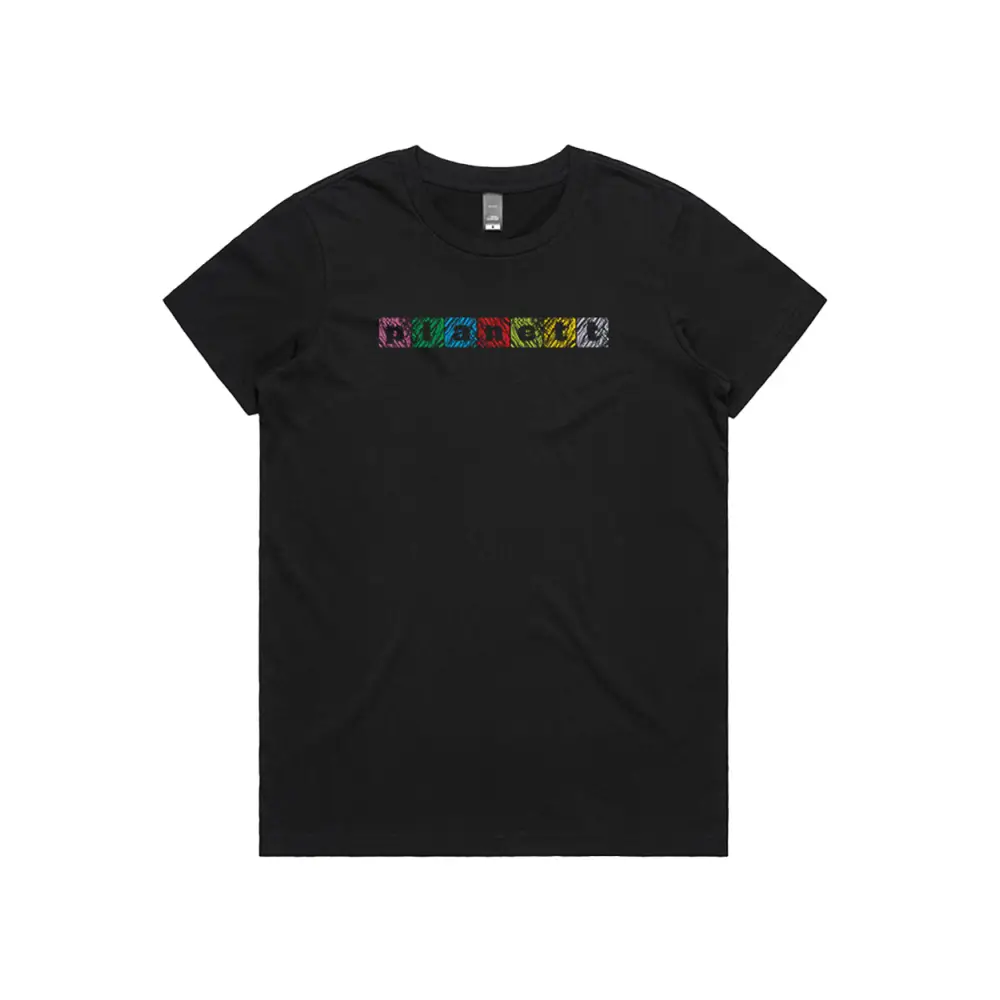 Black t-shirt with colorful graphic.