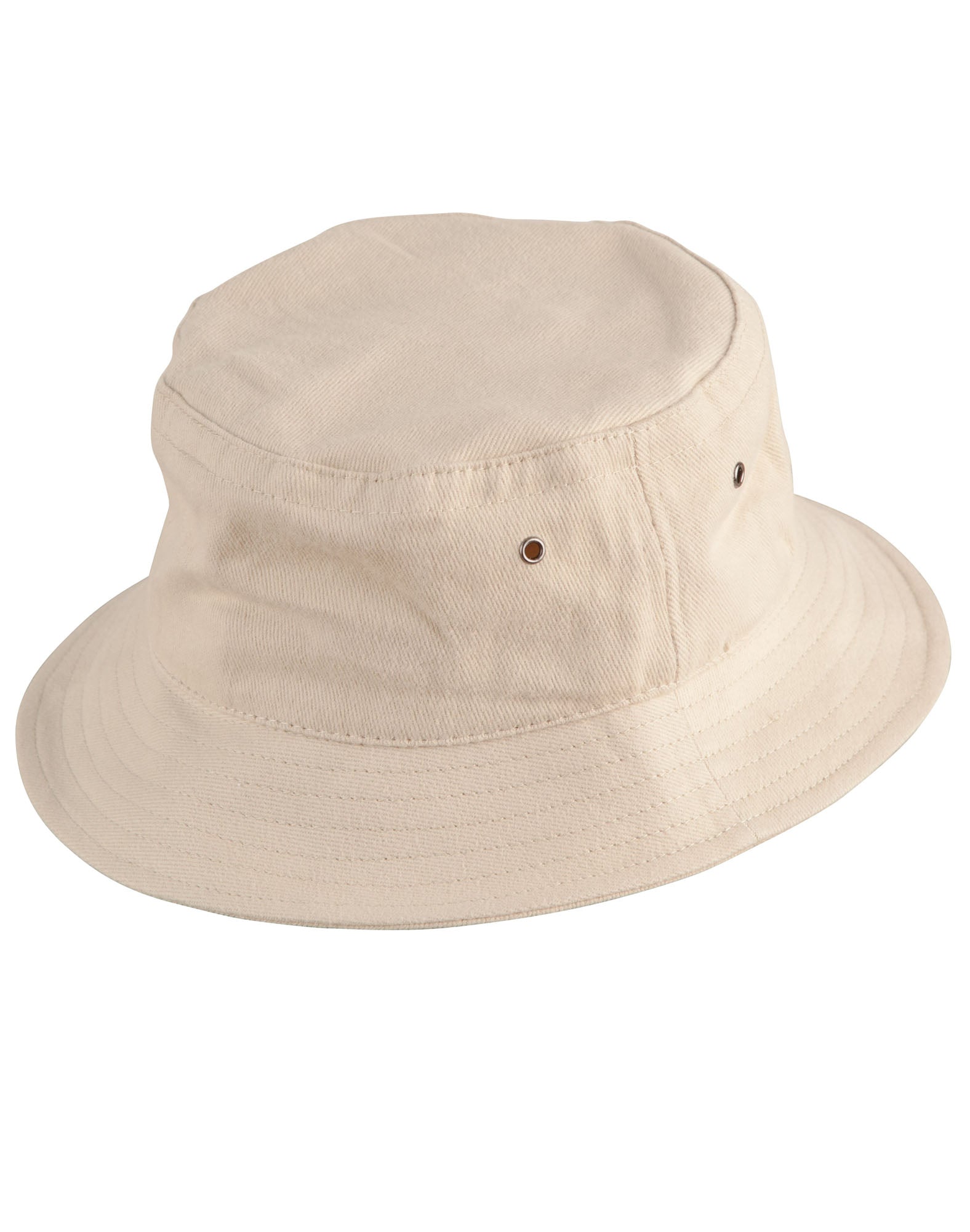 Beige canvas bucket hat.