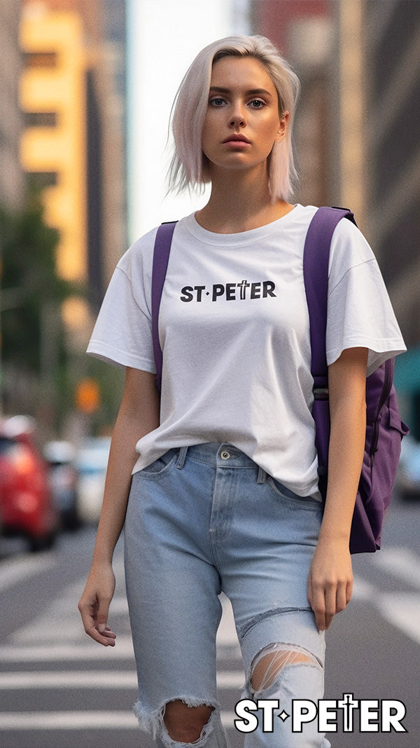 White t-shirt with ’ST. PETER’ text.