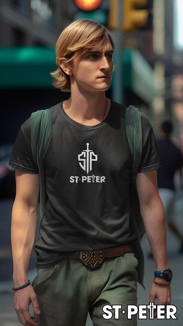 Man wearing a St. Peter t-shirt.