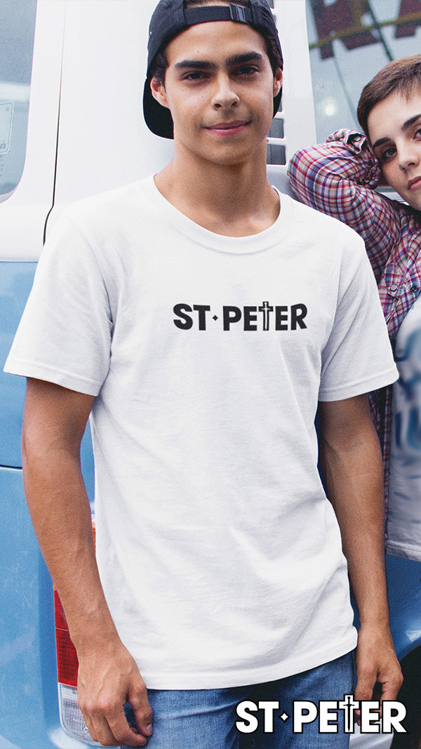 White t-shirt with ’ST. PETER’ text.