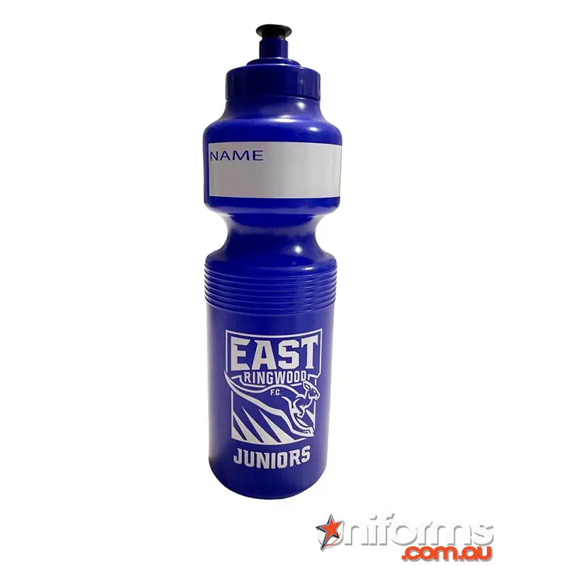 Blue water bottle with name label.