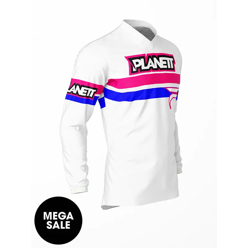 White long-sleeved shirt with pink and blue stripes.